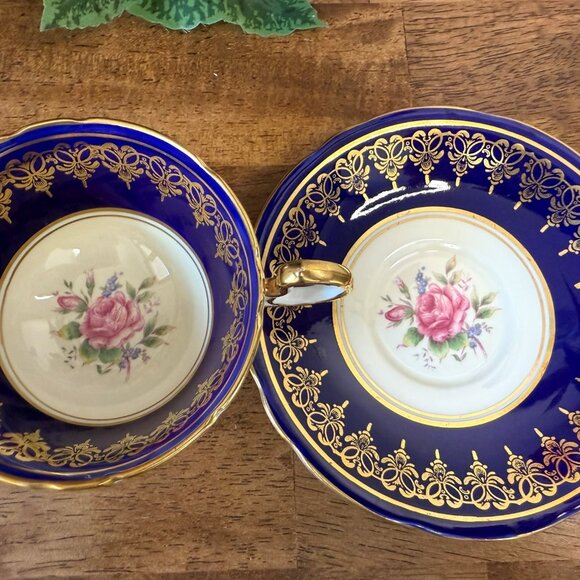 Aynsley Cobalt Blue Pink Cabbage Rose Tea Cup Saucer Gold Gilt English Bone - Picture 5 of 6